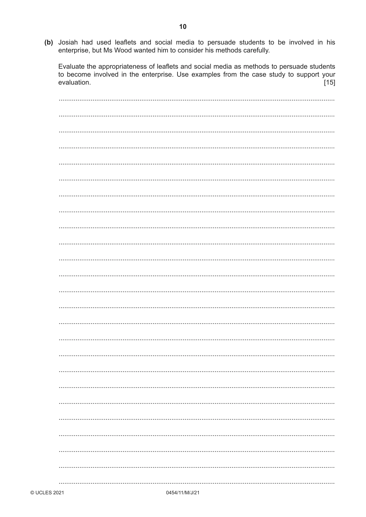 Cambridge IGCSE Enterprise 0454 2021 May/June Paper 1 · Variant 1 question paper, page 10 of 16