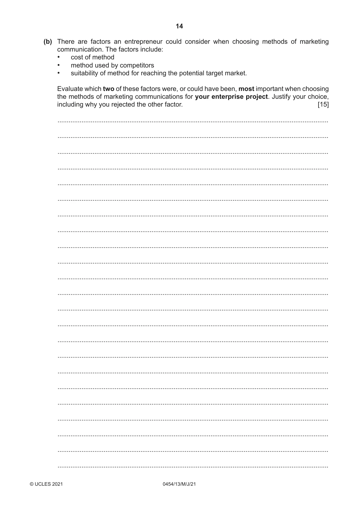Cambridge IGCSE Enterprise 0454 2021 May/June Paper 1 · Variant 3 question paper, page 14 of 16