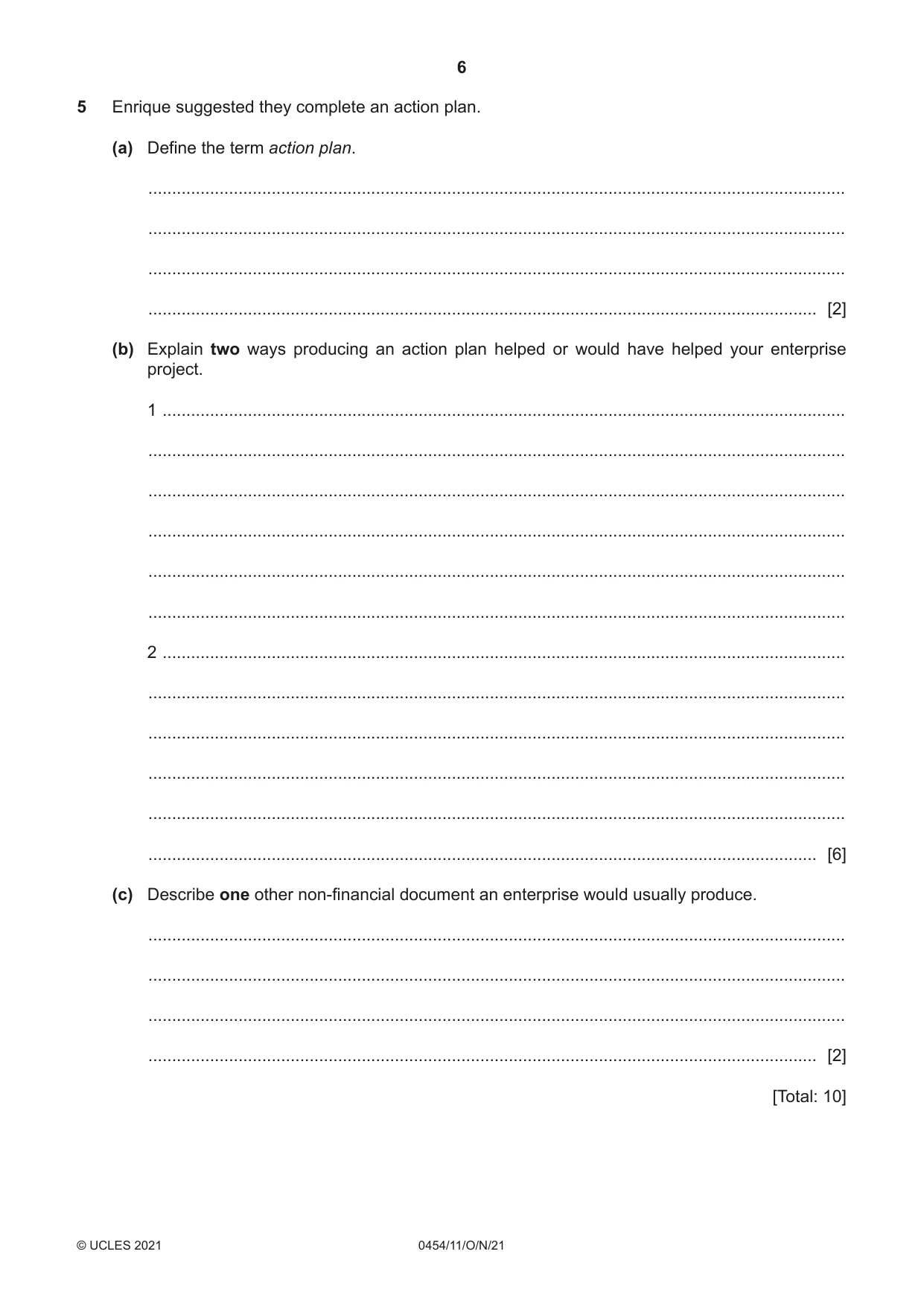 Cambridge IGCSE Enterprise 0454 2021 Oct/Nov Paper 1 · Variant 1 question paper, page 6 of 16