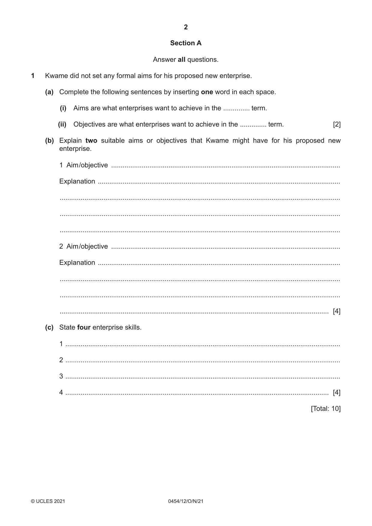 Cambridge IGCSE Enterprise 0454 2021 Oct/Nov Paper 1 · Variant 2 question paper, page 2 of 16