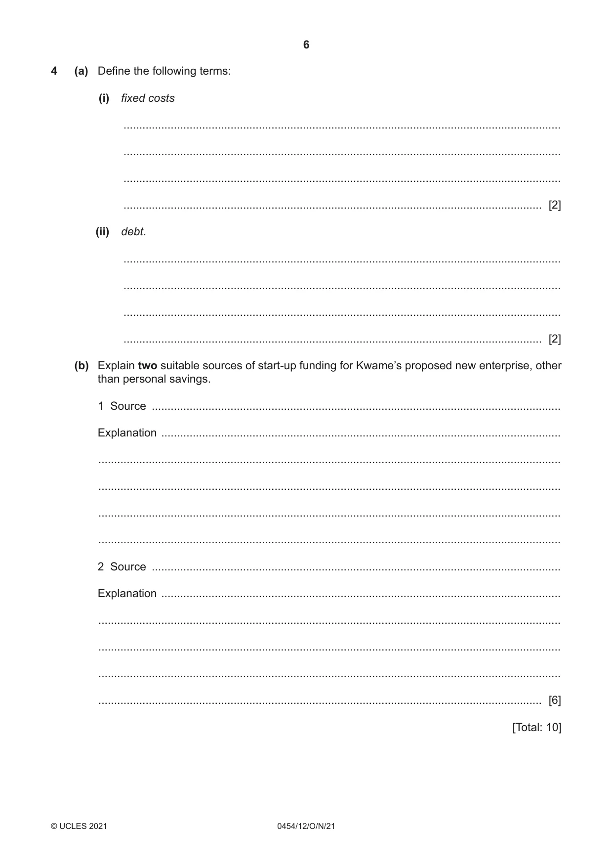 Cambridge IGCSE Enterprise 0454 2021 Oct/Nov Paper 1 · Variant 2 question paper, page 6 of 16
