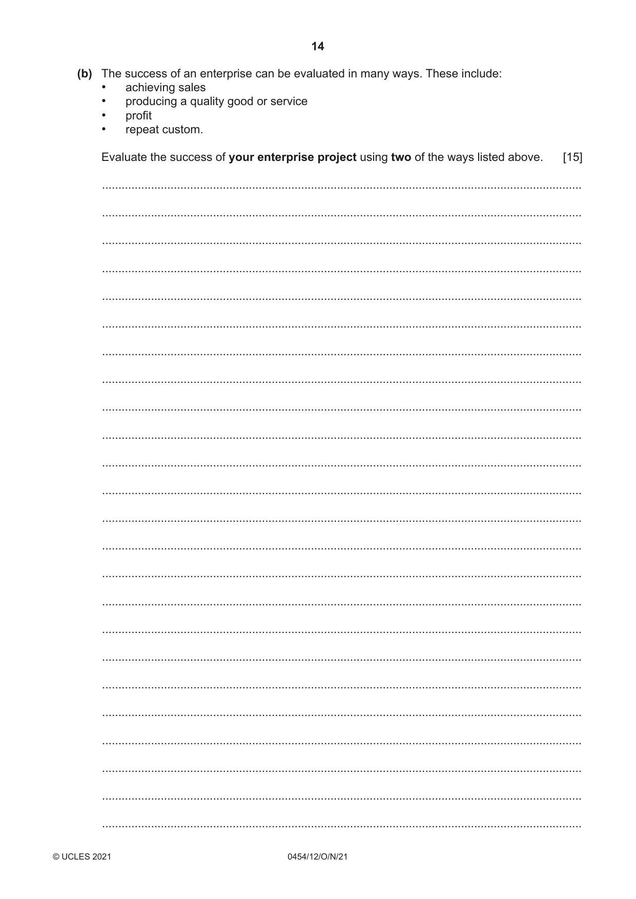 Cambridge IGCSE Enterprise 0454 2021 Oct/Nov Paper 1 · Variant 2 question paper, page 14 of 16