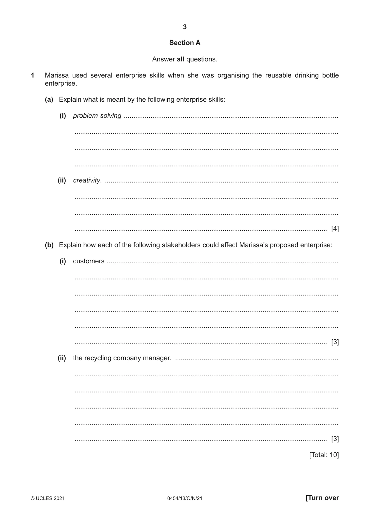 Cambridge IGCSE Enterprise 0454 2021 Oct/Nov Paper 1 · Variant 3 question paper, page 3 of 16