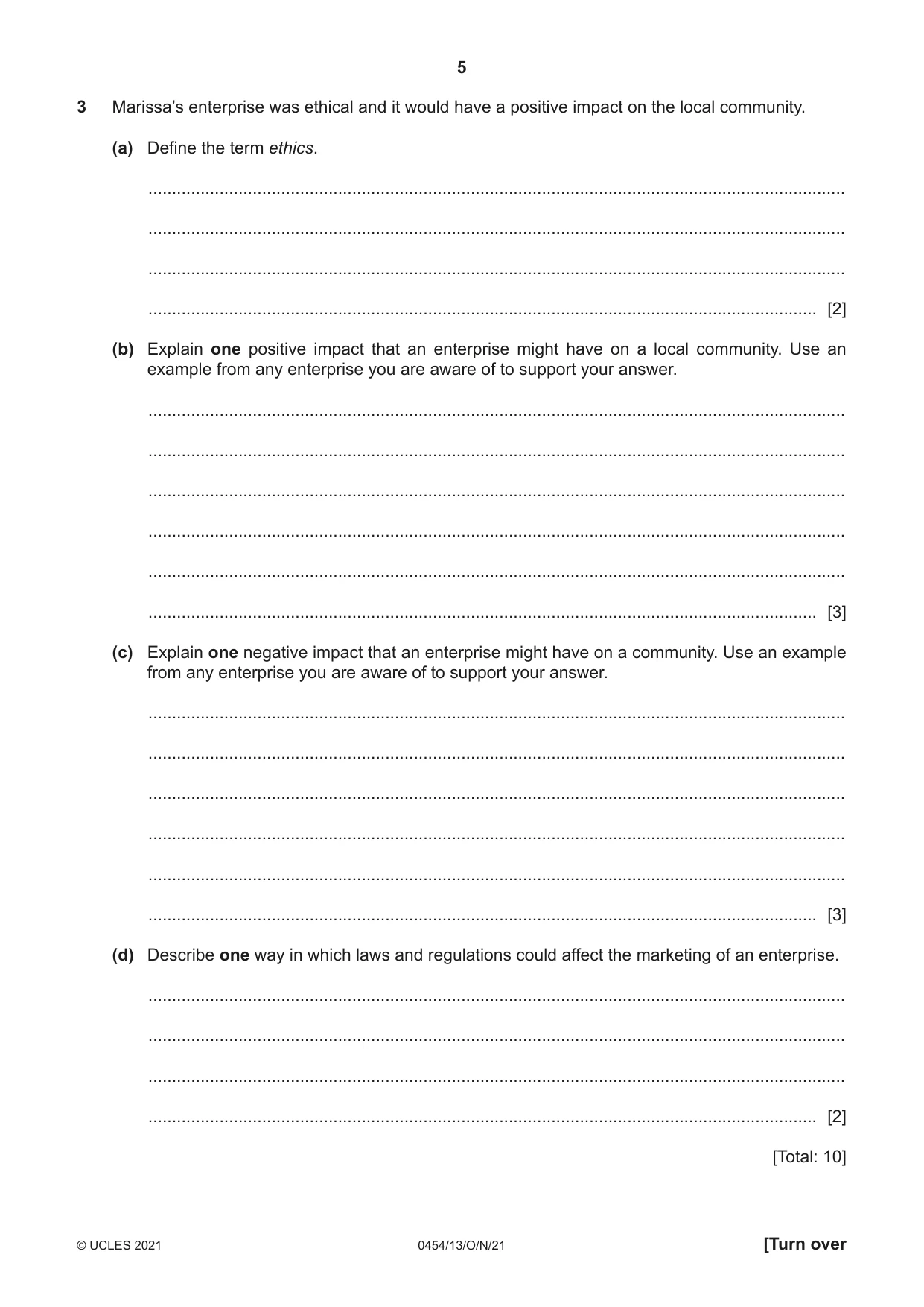 Cambridge IGCSE Enterprise 0454 2021 Oct/Nov Paper 1 · Variant 3 question paper, page 5 of 16