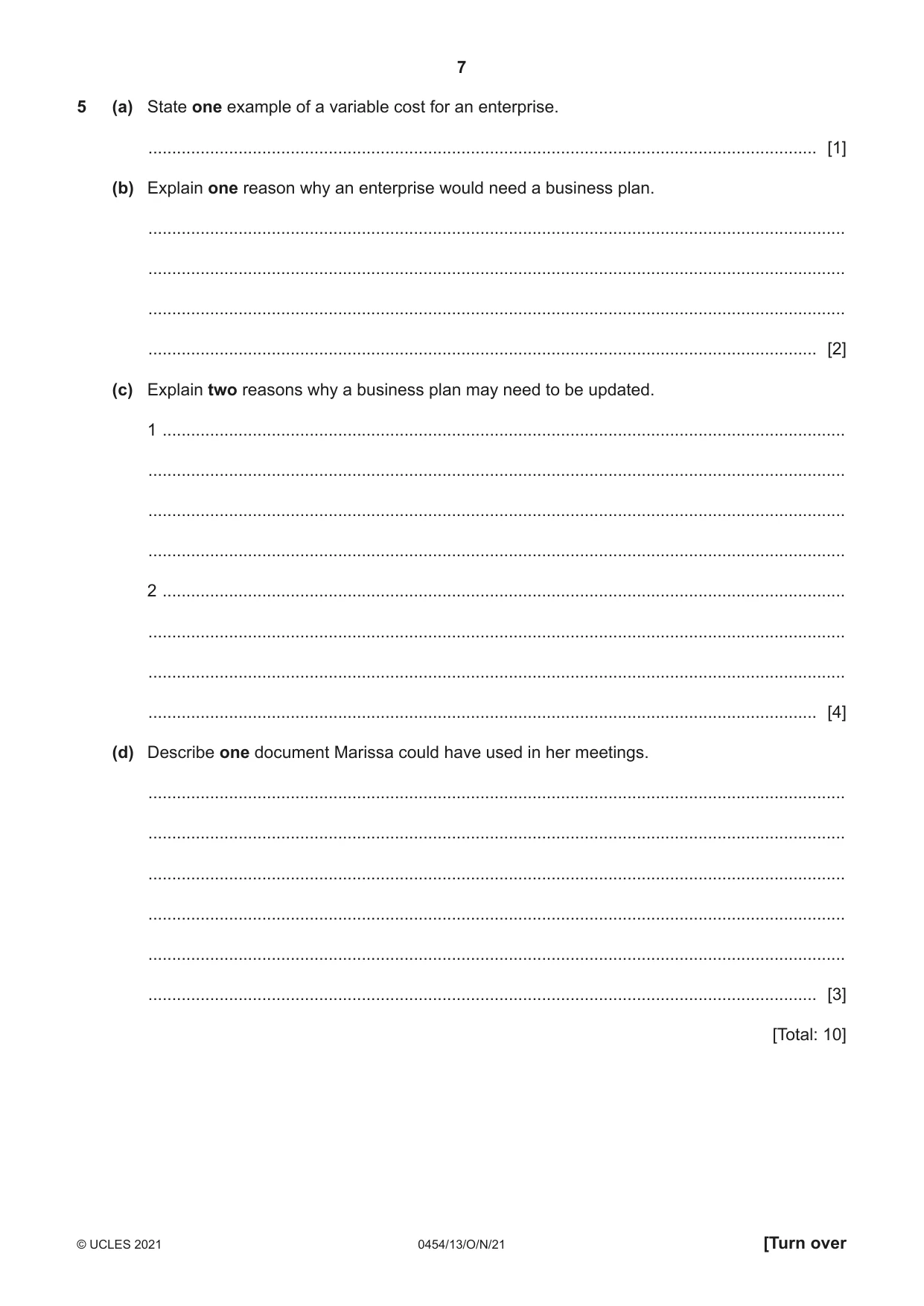 Cambridge IGCSE Enterprise 0454 2021 Oct/Nov Paper 1 · Variant 3 question paper, page 7 of 16