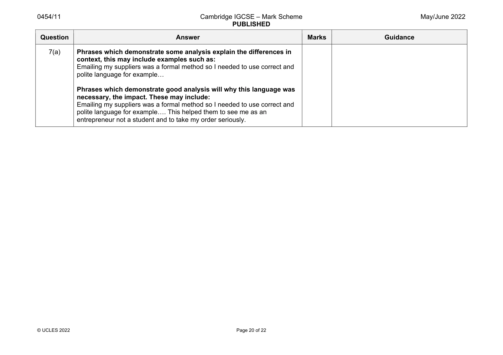 Mark scheme, page 20 of 22