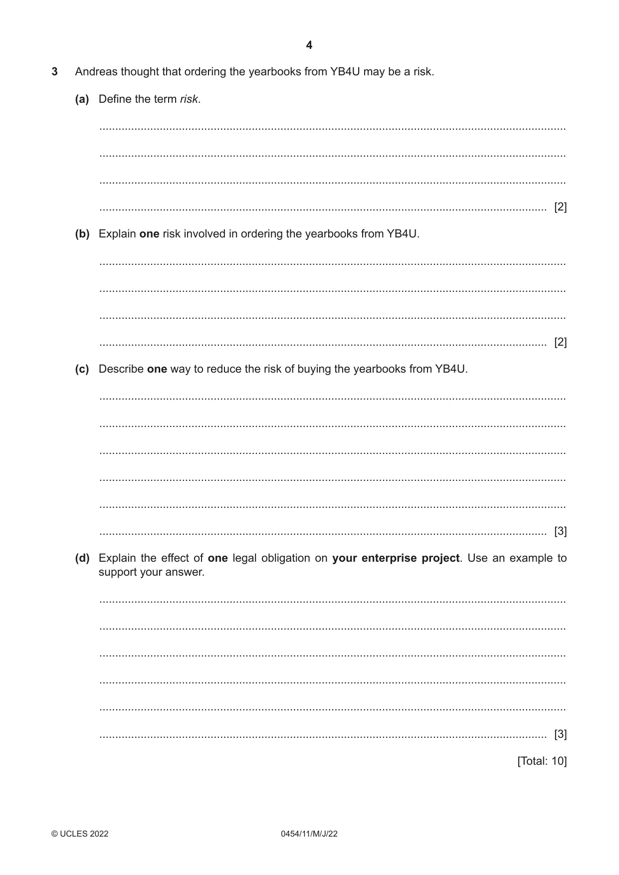 Cambridge IGCSE Enterprise 0454 2022 May/June Paper 1 · Variant 1 question paper, page 4 of 16