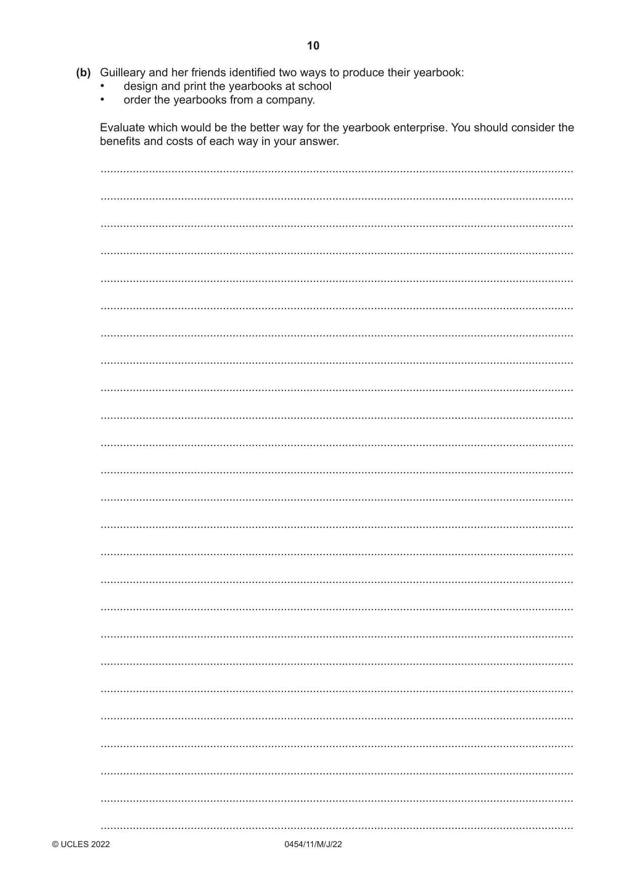 Cambridge IGCSE Enterprise 0454 2022 May/June Paper 1 · Variant 1 question paper, page 10 of 16