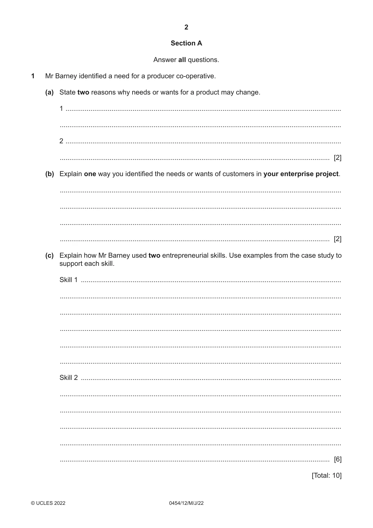 Cambridge IGCSE Enterprise 0454 2022 May/June Paper 1 · Variant 2 question paper, page 2 of 12
