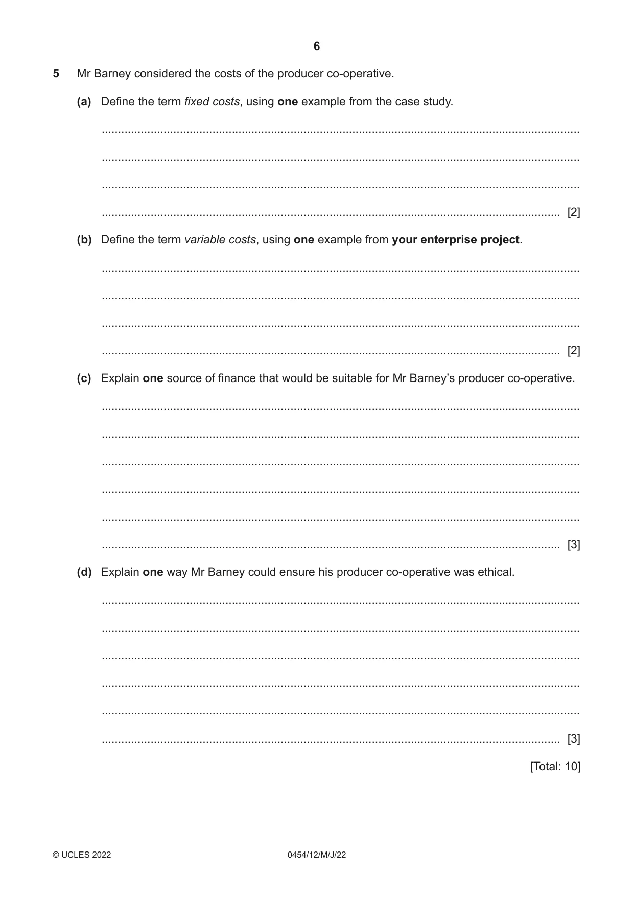 Cambridge IGCSE Enterprise 0454 2022 May/June Paper 1 · Variant 2 question paper, page 6 of 12