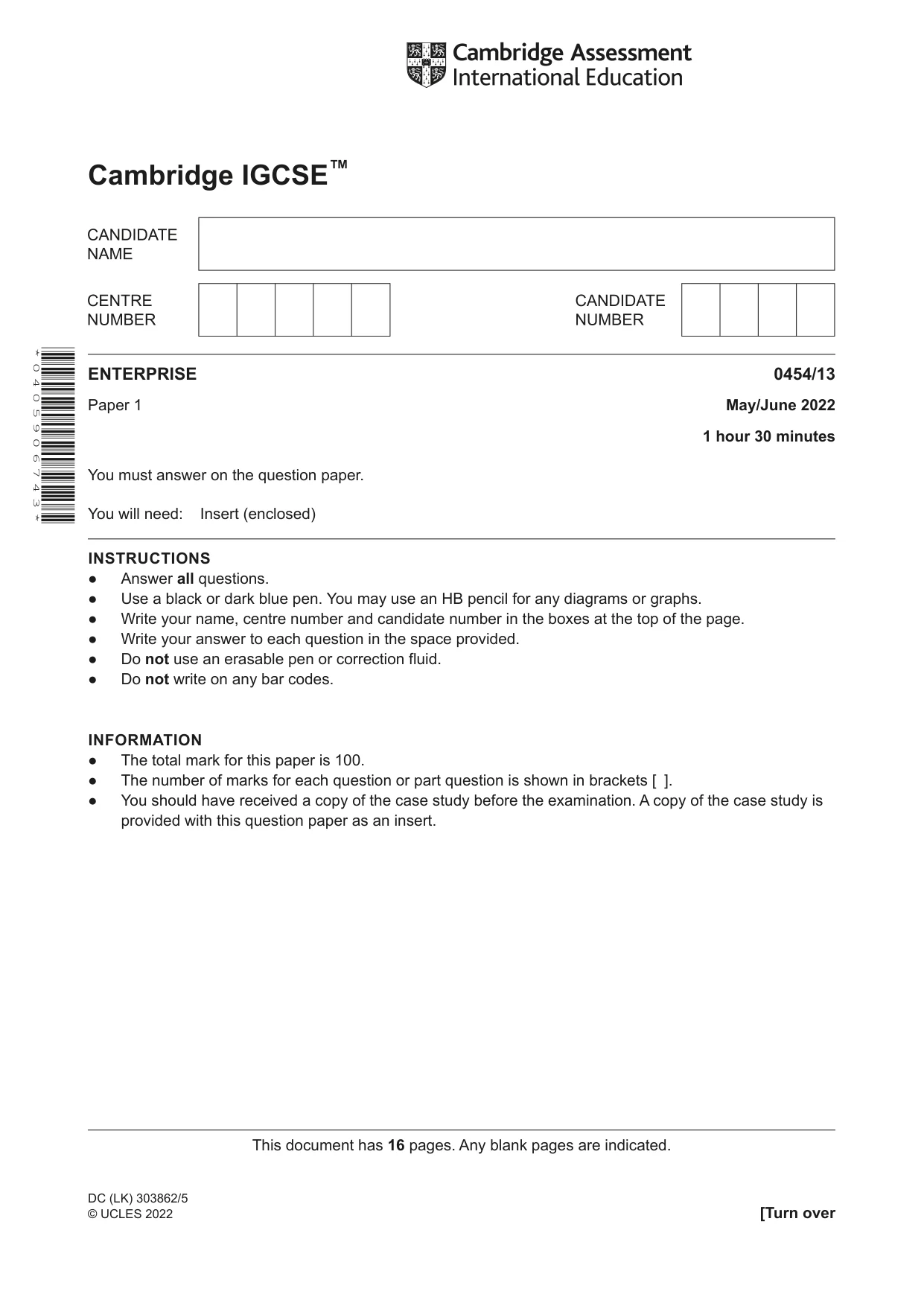 Cambridge IGCSE Enterprise 0454 2022 May/June Paper 1 · Variant 3 question paper, page 1 of 16