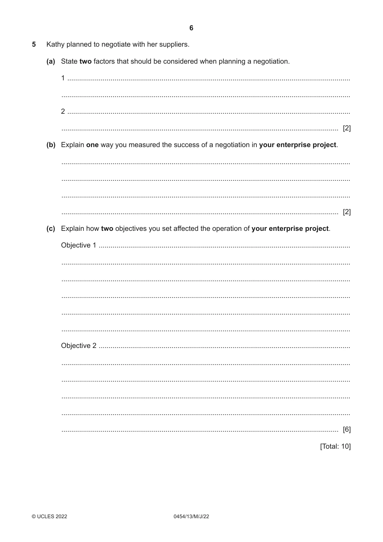 Cambridge IGCSE Enterprise 0454 2022 May/June Paper 1 · Variant 3 question paper, page 6 of 16