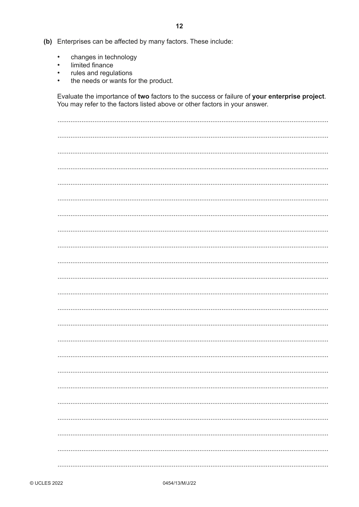Cambridge IGCSE Enterprise 0454 2022 May/June Paper 1 · Variant 3 question paper, page 12 of 16