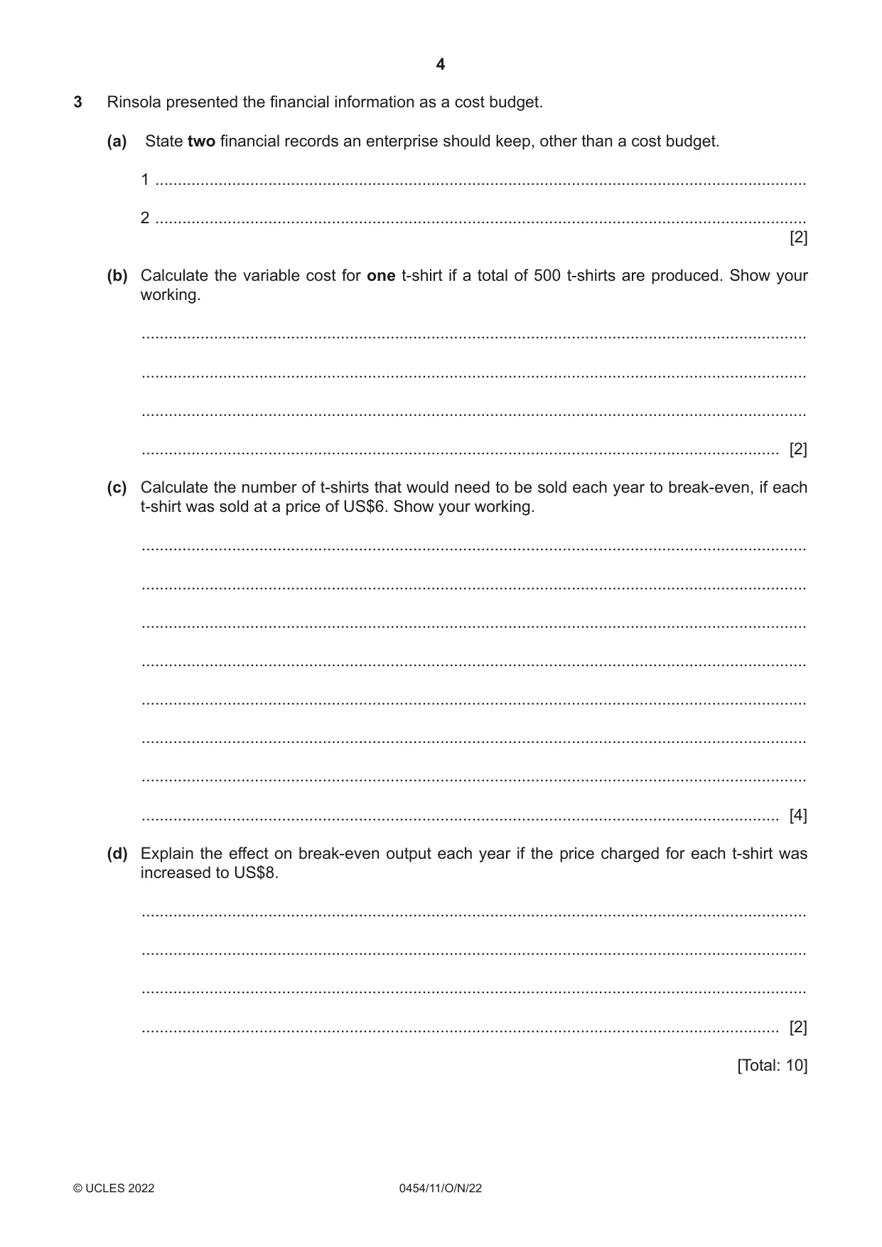 Cambridge IGCSE Enterprise 0454 2022 Oct/Nov Paper 1 · Variant 1 question paper, page 4 of 16