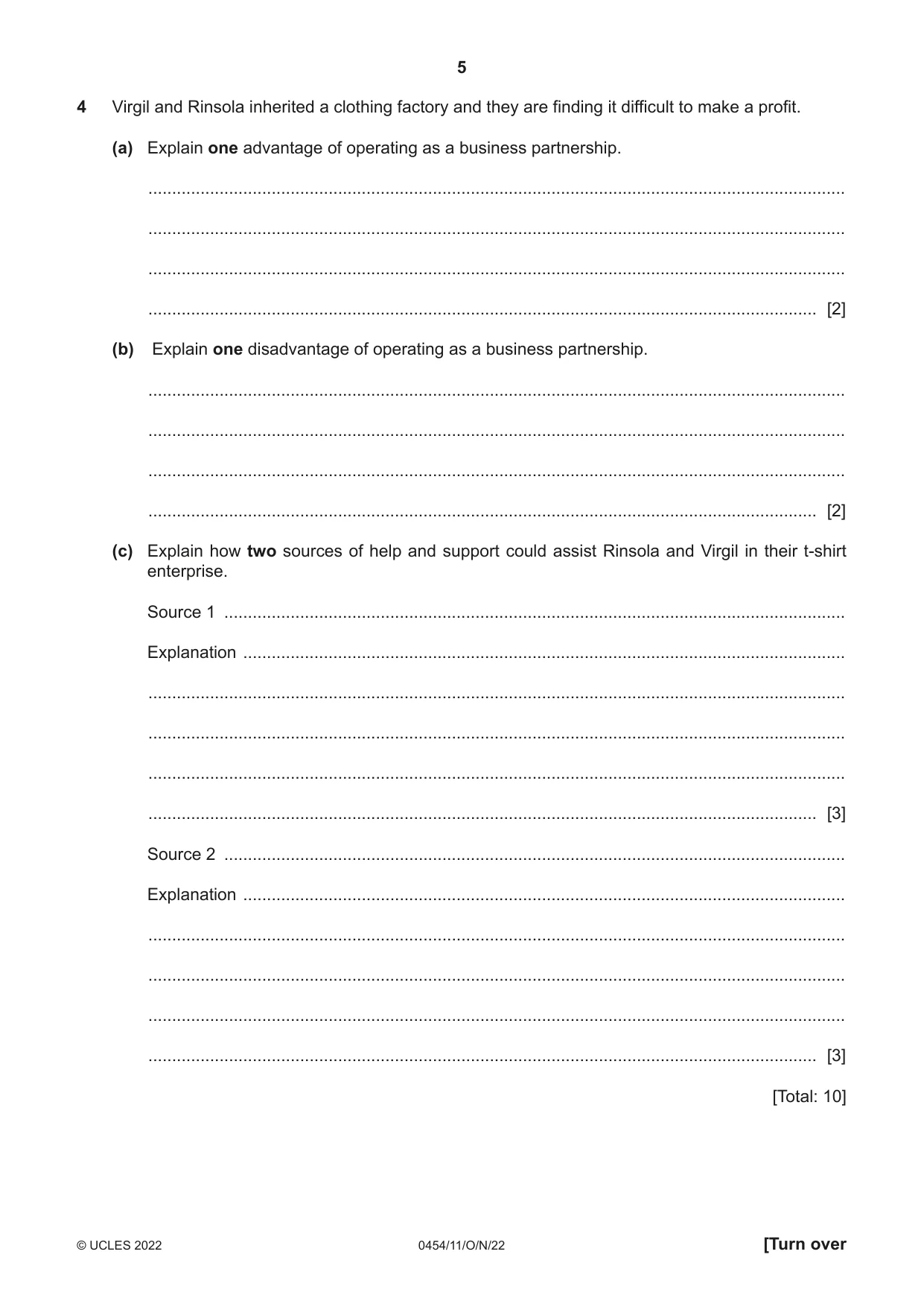 Cambridge IGCSE Enterprise 0454 2022 Oct/Nov Paper 1 · Variant 1 question paper, page 5 of 16