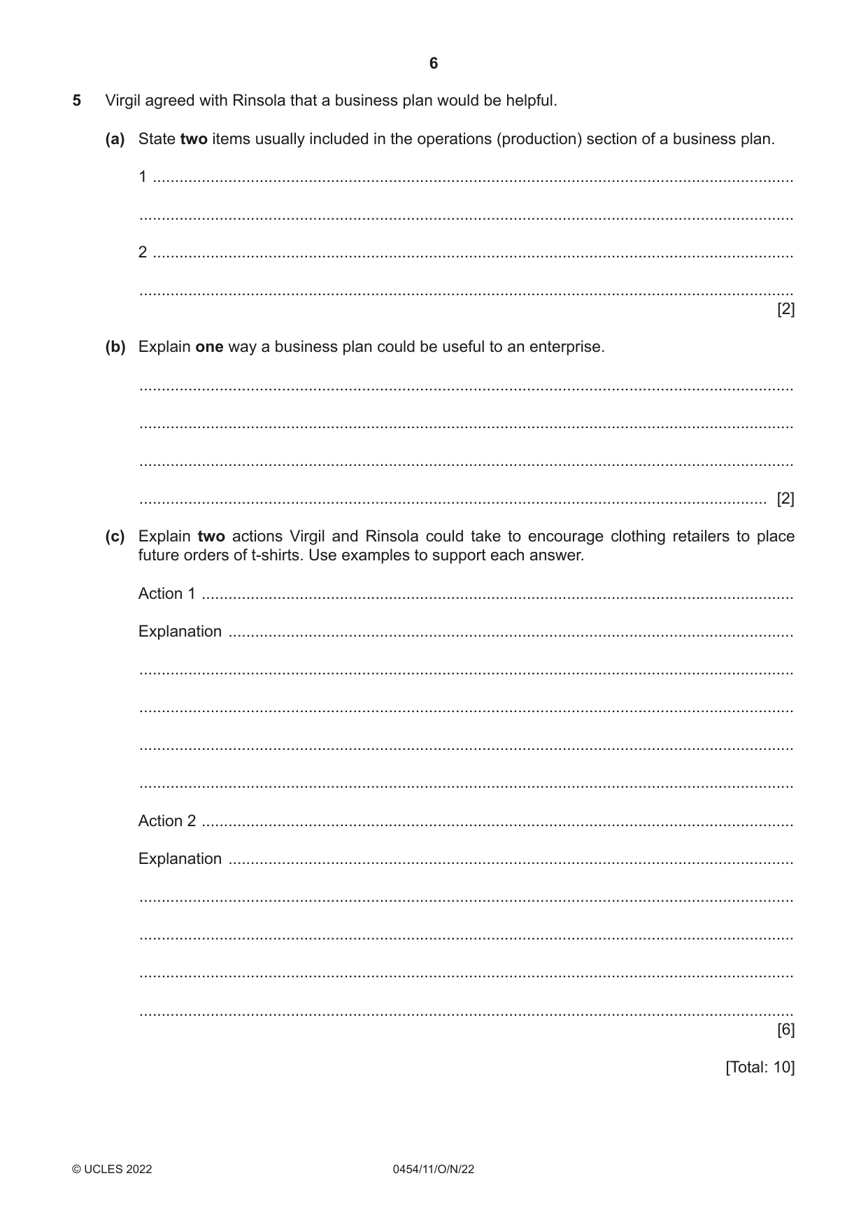 Cambridge IGCSE Enterprise 0454 2022 Oct/Nov Paper 1 · Variant 1 question paper, page 6 of 16