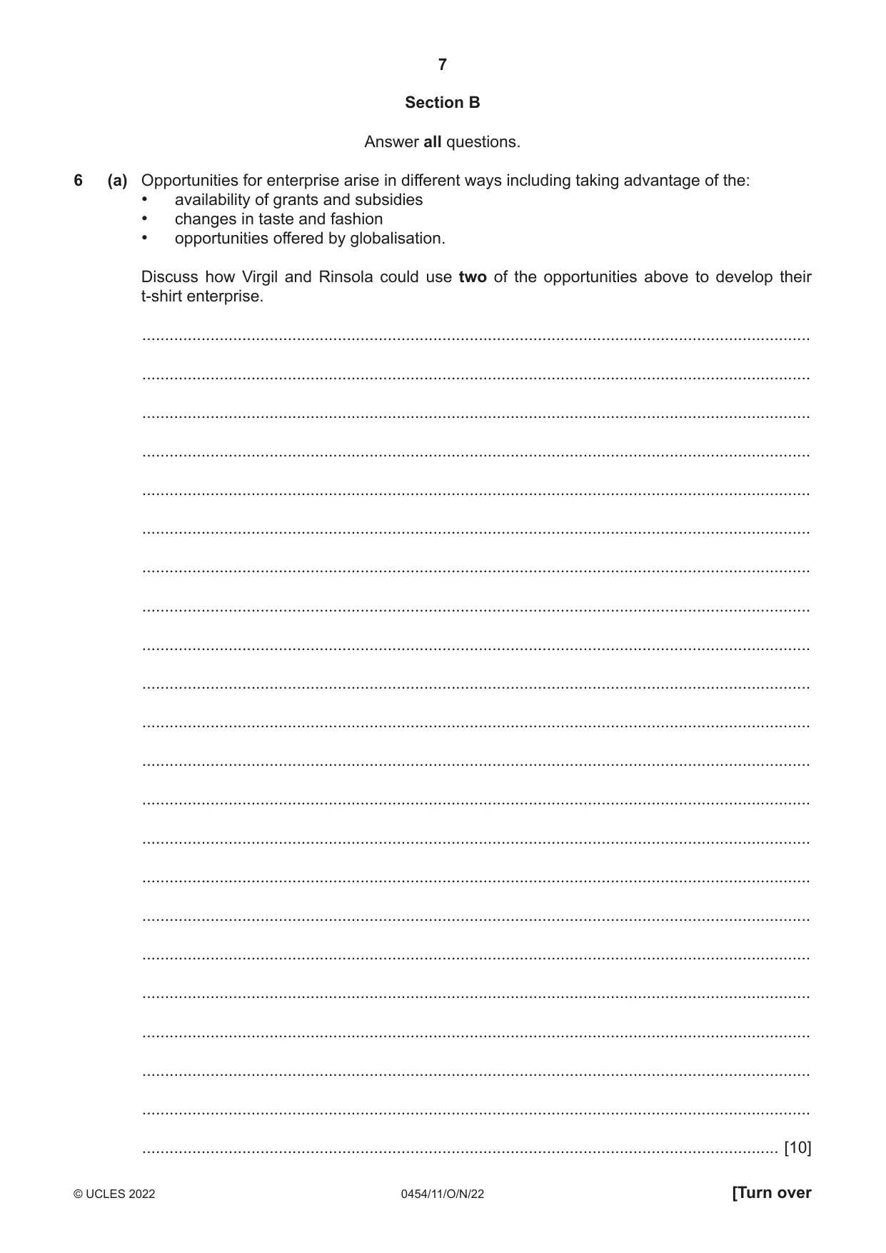 Cambridge IGCSE Enterprise 0454 2022 Oct/Nov Paper 1 · Variant 1 question paper, page 7 of 16