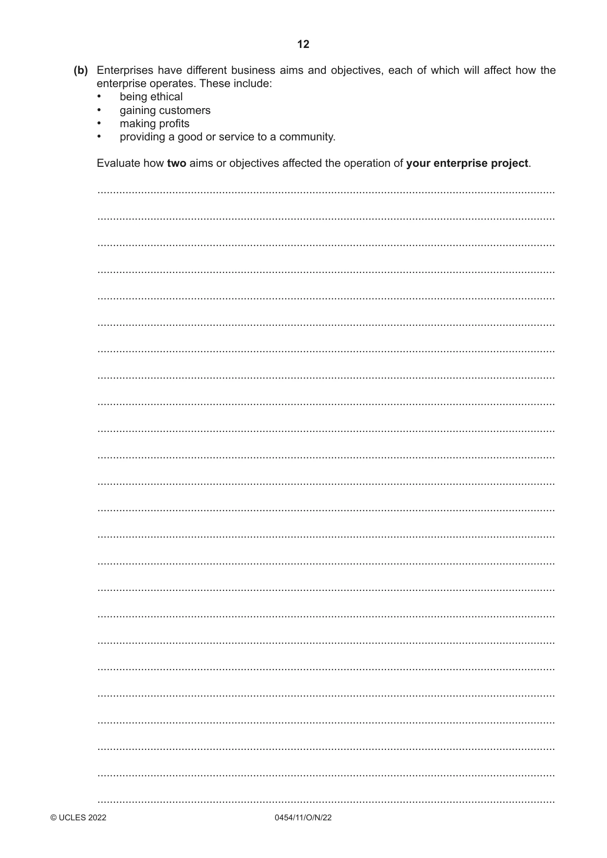 Cambridge IGCSE Enterprise 0454 2022 Oct/Nov Paper 1 · Variant 1 question paper, page 12 of 16