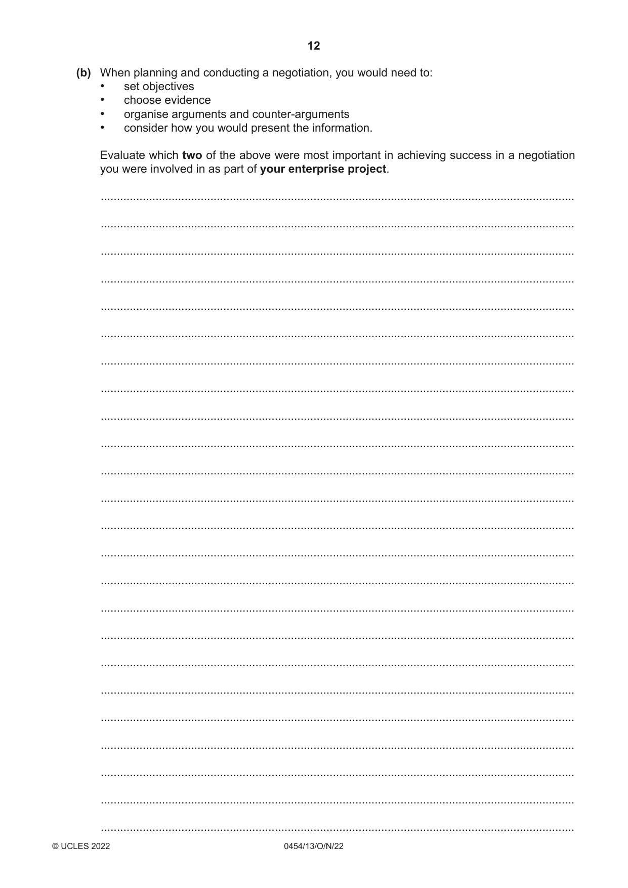 Cambridge IGCSE Enterprise 0454 2022 Oct/Nov Paper 1 · Variant 3 question paper, page 12 of 16
