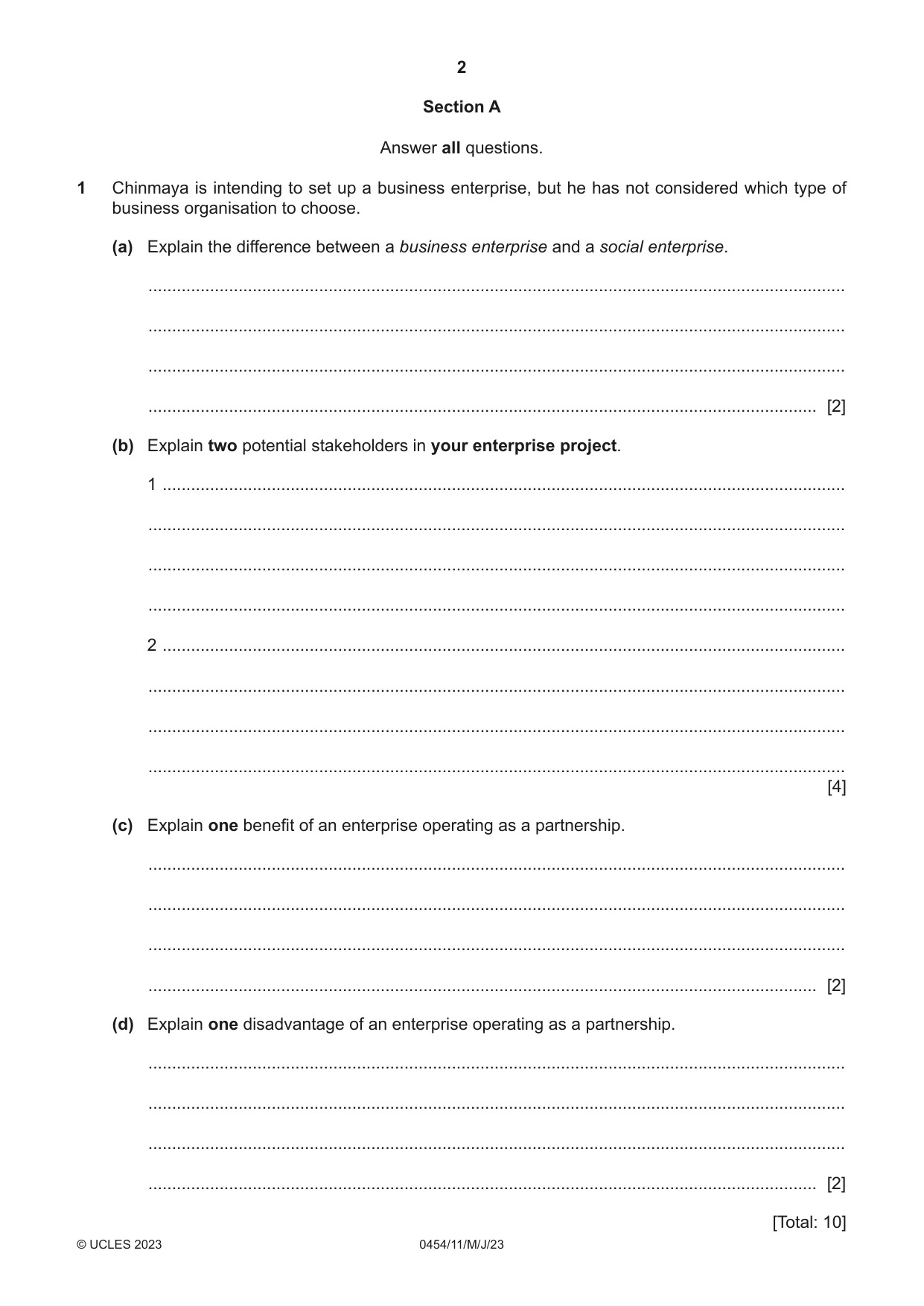 Cambridge IGCSE Enterprise 0454 2023 May/June Paper 1 · Variant 1 question paper, page 2 of 16