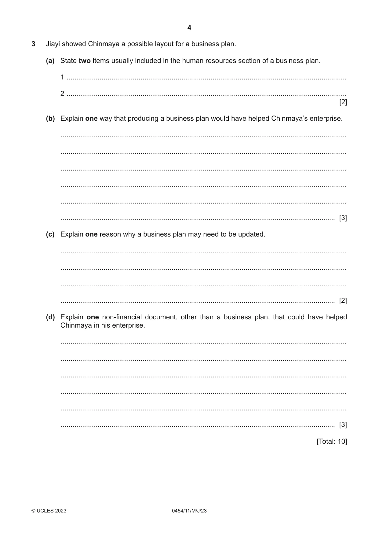 Cambridge IGCSE Enterprise 0454 2023 May/June Paper 1 · Variant 1 question paper, page 4 of 16
