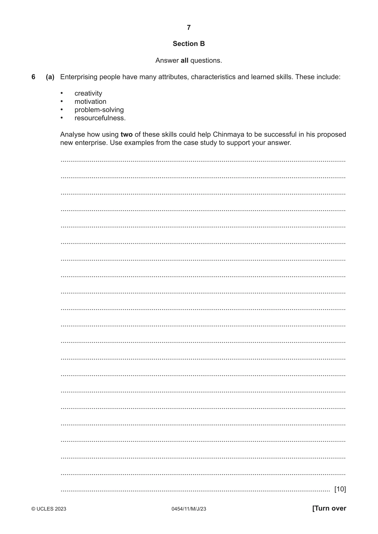 Cambridge IGCSE Enterprise 0454 2023 May/June Paper 1 · Variant 1 question paper, page 7 of 16