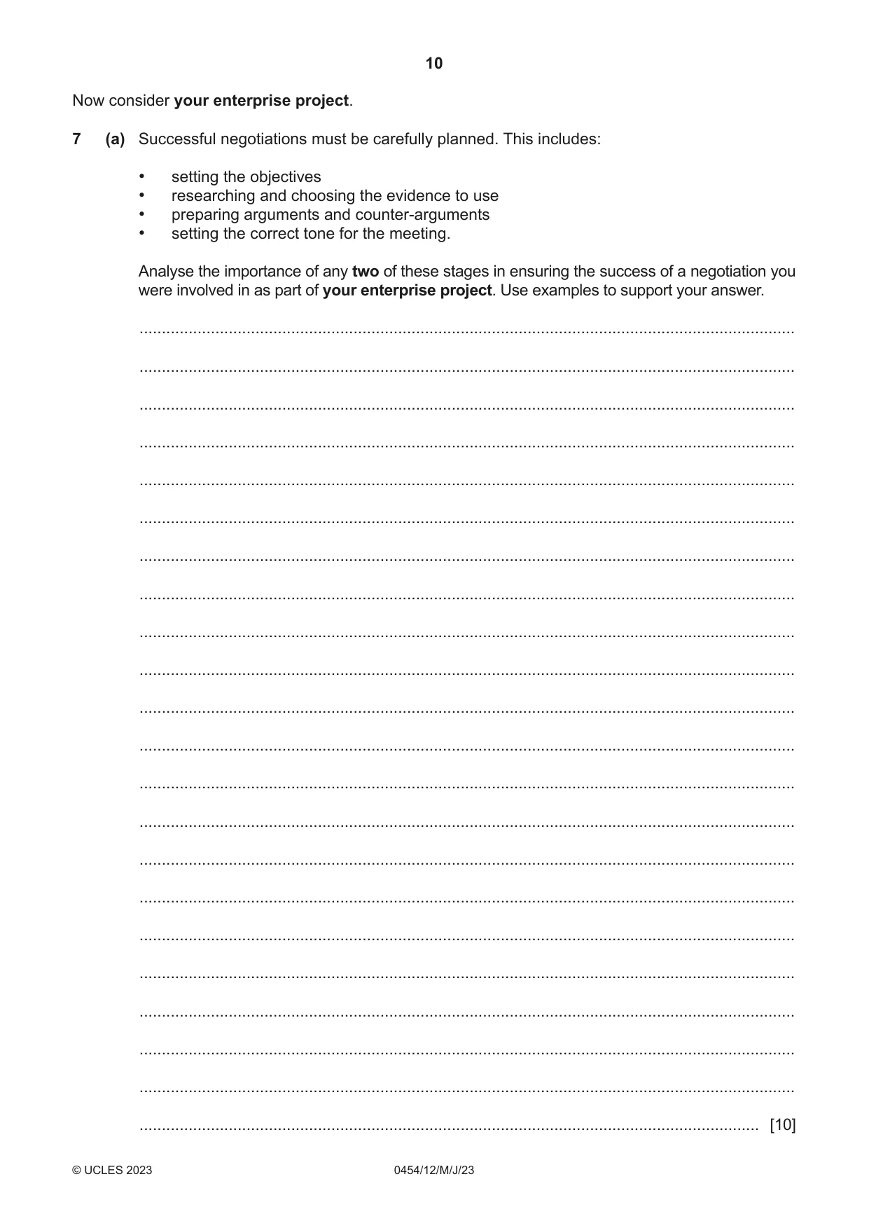 Cambridge IGCSE Enterprise 0454 2023 May/June Paper 1 · Variant 2 question paper, page 10 of 12
