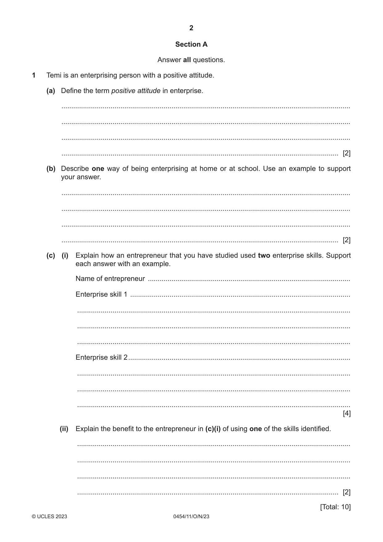 Cambridge IGCSE Enterprise 0454 2023 Oct/Nov Paper 1 · Variant 1 question paper, page 2 of 16