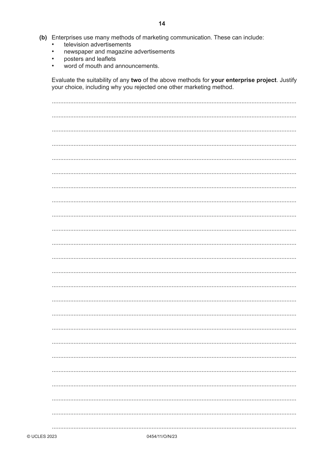 Cambridge IGCSE Enterprise 0454 2023 Oct/Nov Paper 1 · Variant 1 question paper, page 14 of 16