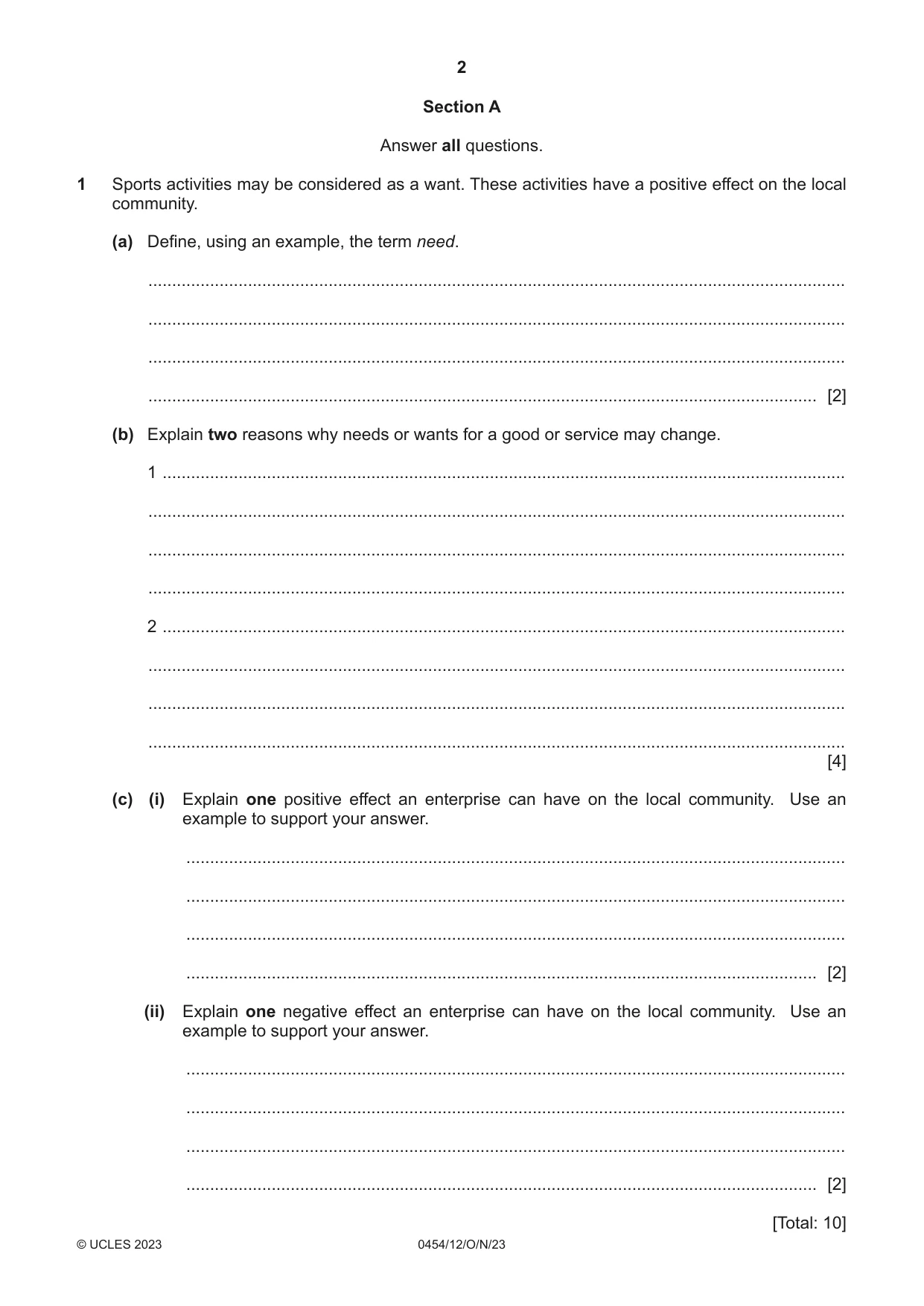 Cambridge IGCSE Enterprise 0454 2023 Oct/Nov Paper 1 · Variant 2 question paper, page 2 of 16