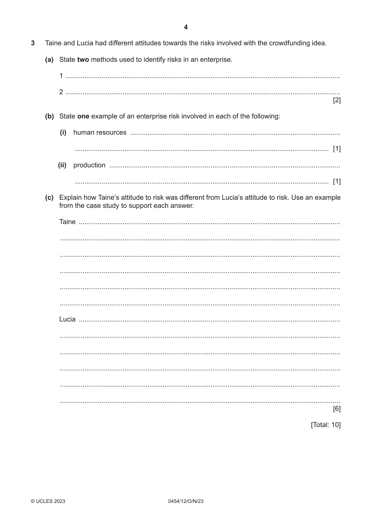 Cambridge IGCSE Enterprise 0454 2023 Oct/Nov Paper 1 · Variant 2 question paper, page 4 of 16