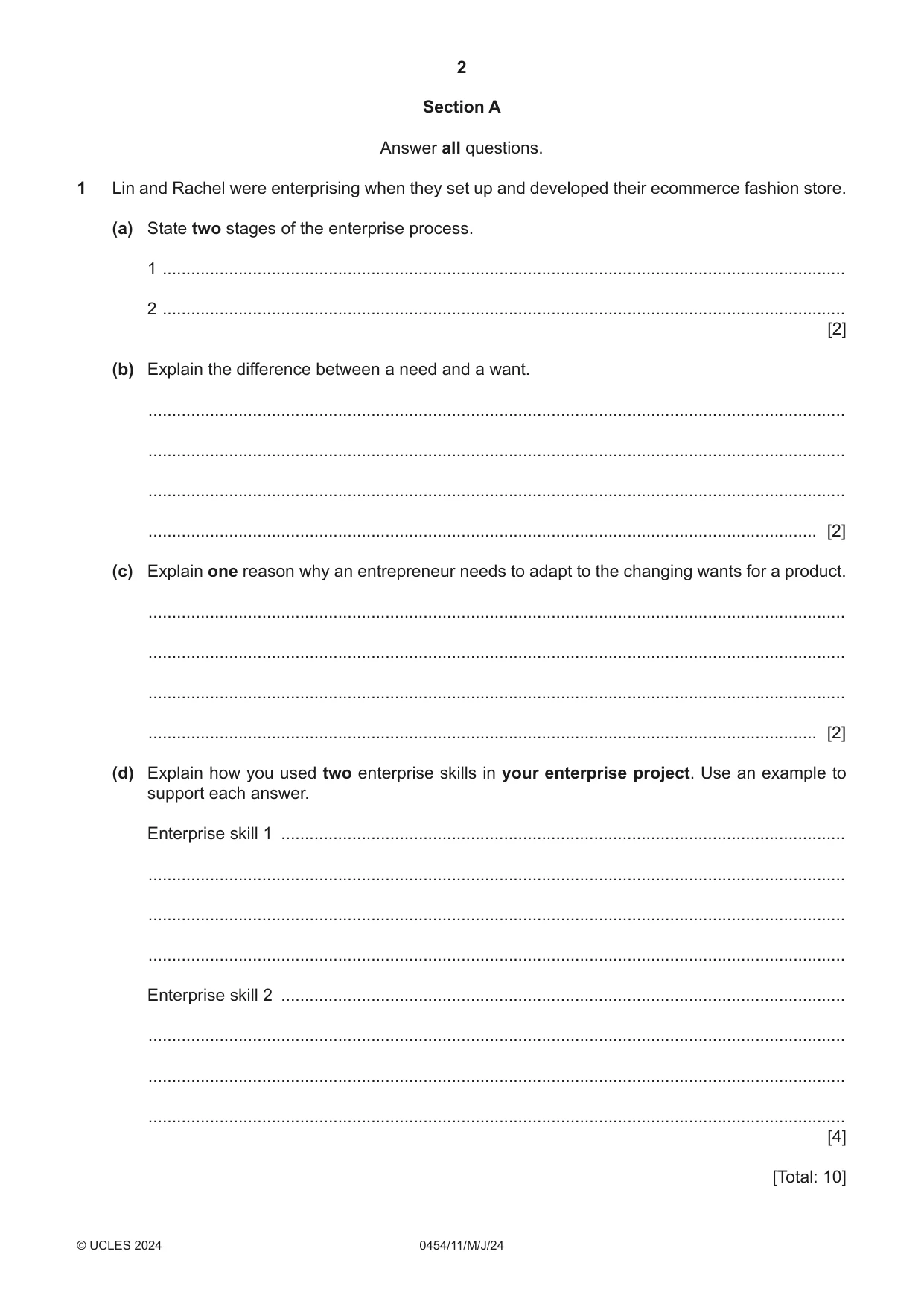 Cambridge IGCSE Enterprise 0454 2024 May/June Paper 1 · Variant 1 question paper, page 2 of 16