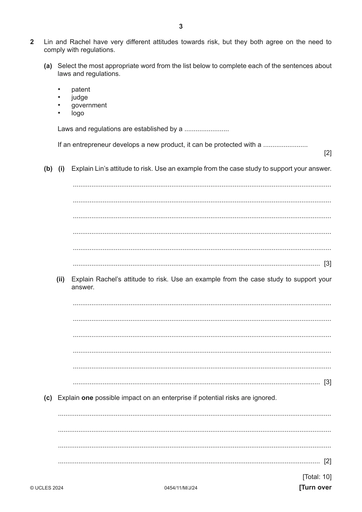 Cambridge IGCSE Enterprise 0454 2024 May/June Paper 1 · Variant 1 question paper, page 3 of 16