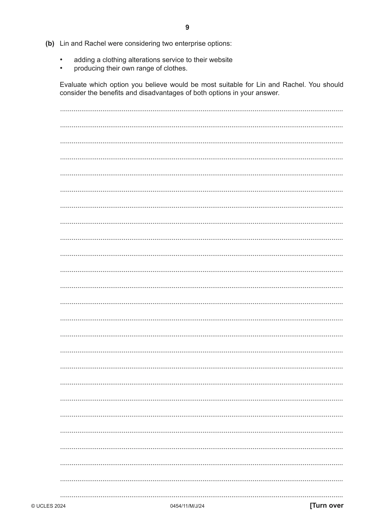 Cambridge IGCSE Enterprise 0454 2024 May/June Paper 1 · Variant 1 question paper, page 9 of 16