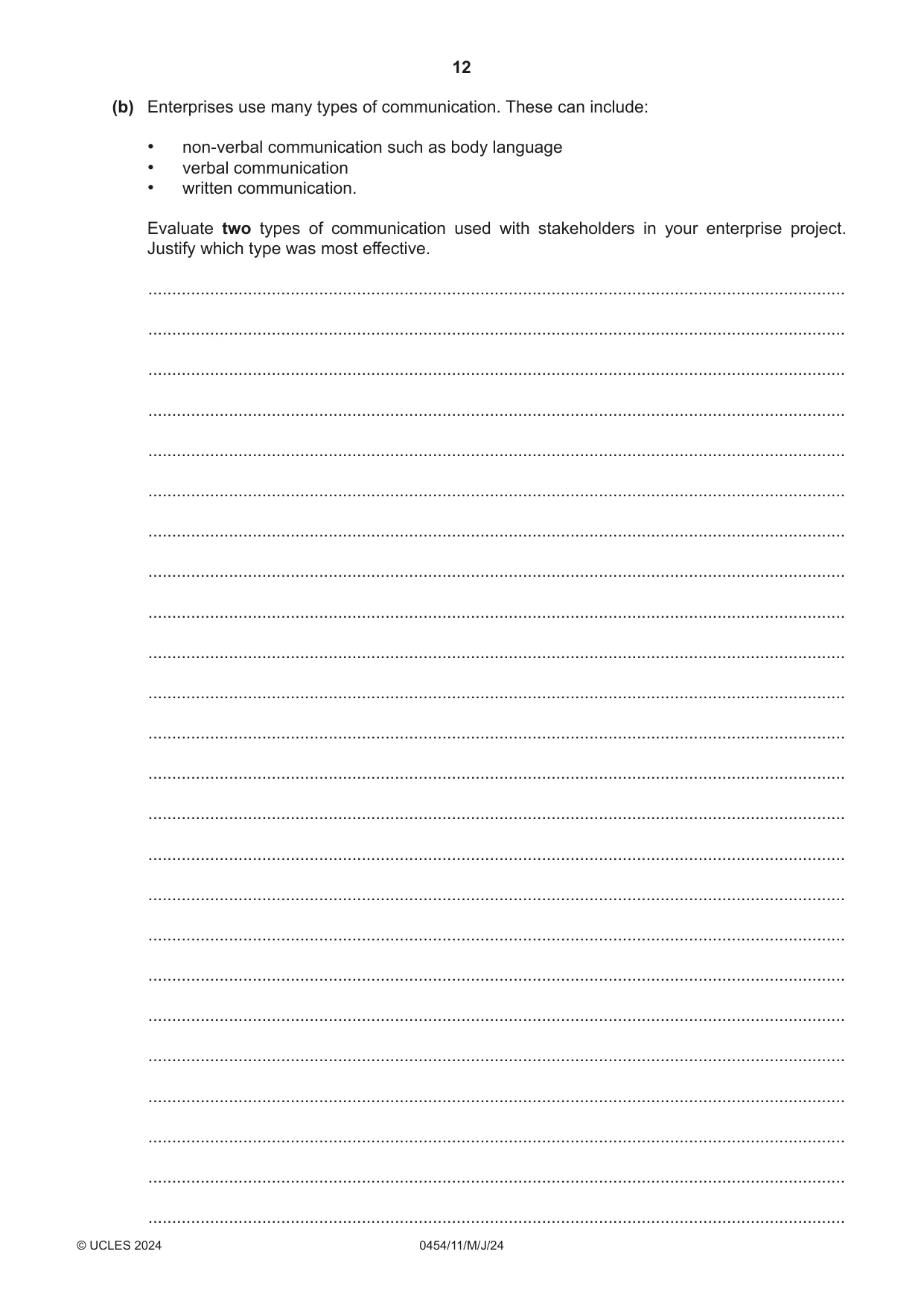 Cambridge IGCSE Enterprise 0454 2024 May/June Paper 1 · Variant 1 question paper, page 12 of 16