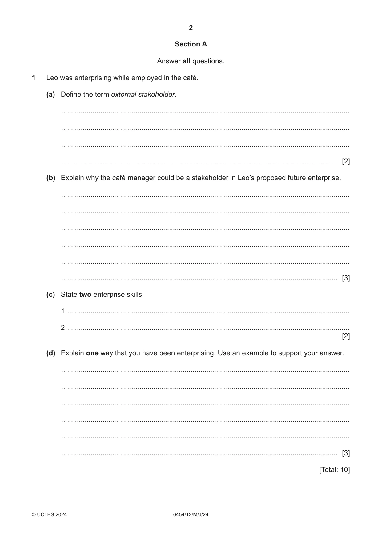 Cambridge IGCSE Enterprise 0454 2024 May/June Paper 1 · Variant 2 question paper, page 2 of 16
