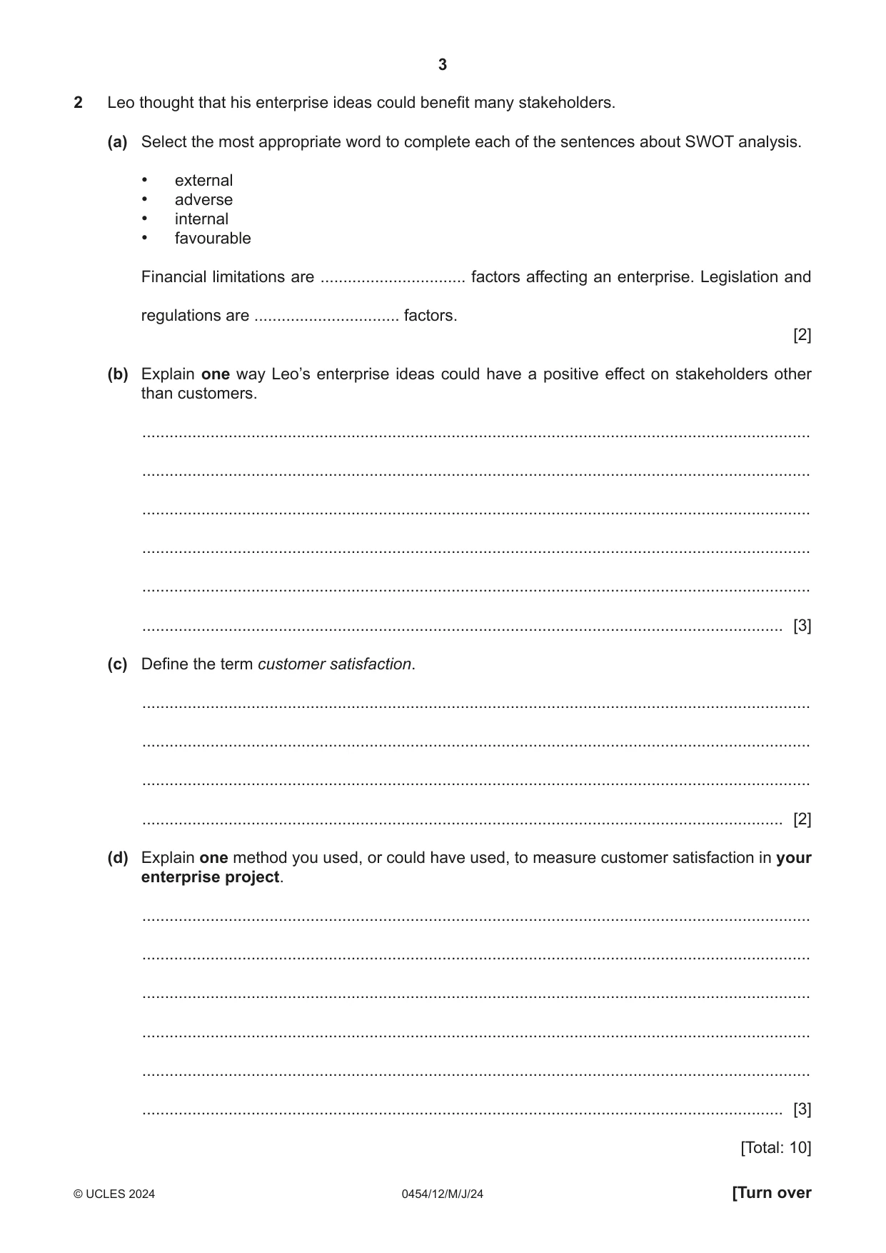 Cambridge IGCSE Enterprise 0454 2024 May/June Paper 1 · Variant 2 question paper, page 3 of 16