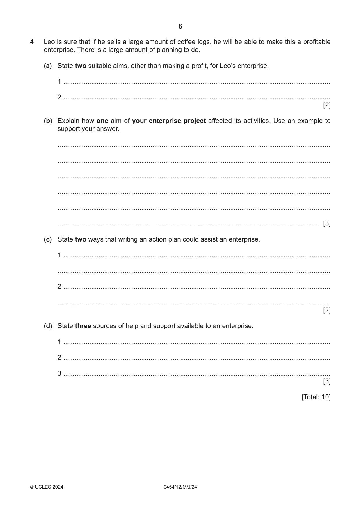 Cambridge IGCSE Enterprise 0454 2024 May/June Paper 1 · Variant 2 question paper, page 6 of 16