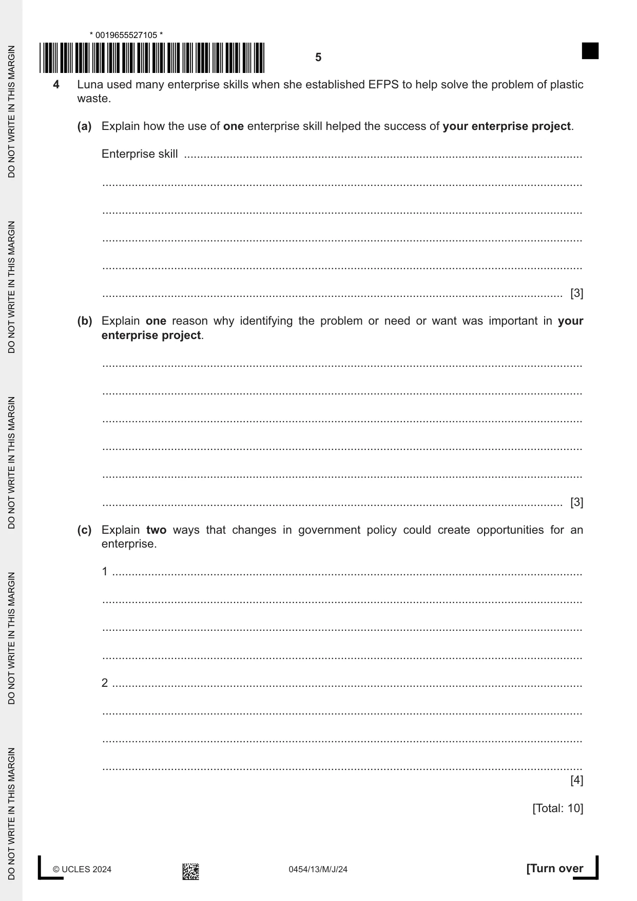 Cambridge IGCSE Enterprise 0454 2024 May/June Paper 1 · Variant 3 question paper, page 5 of 16