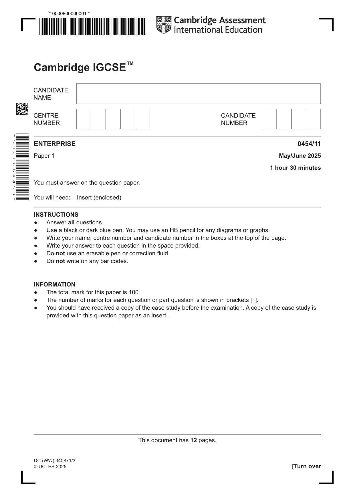 Cambridge IGCSE Enterprise 0454 2025 May/June Paper 1 · Variant 1 question paper, page 1 of 12