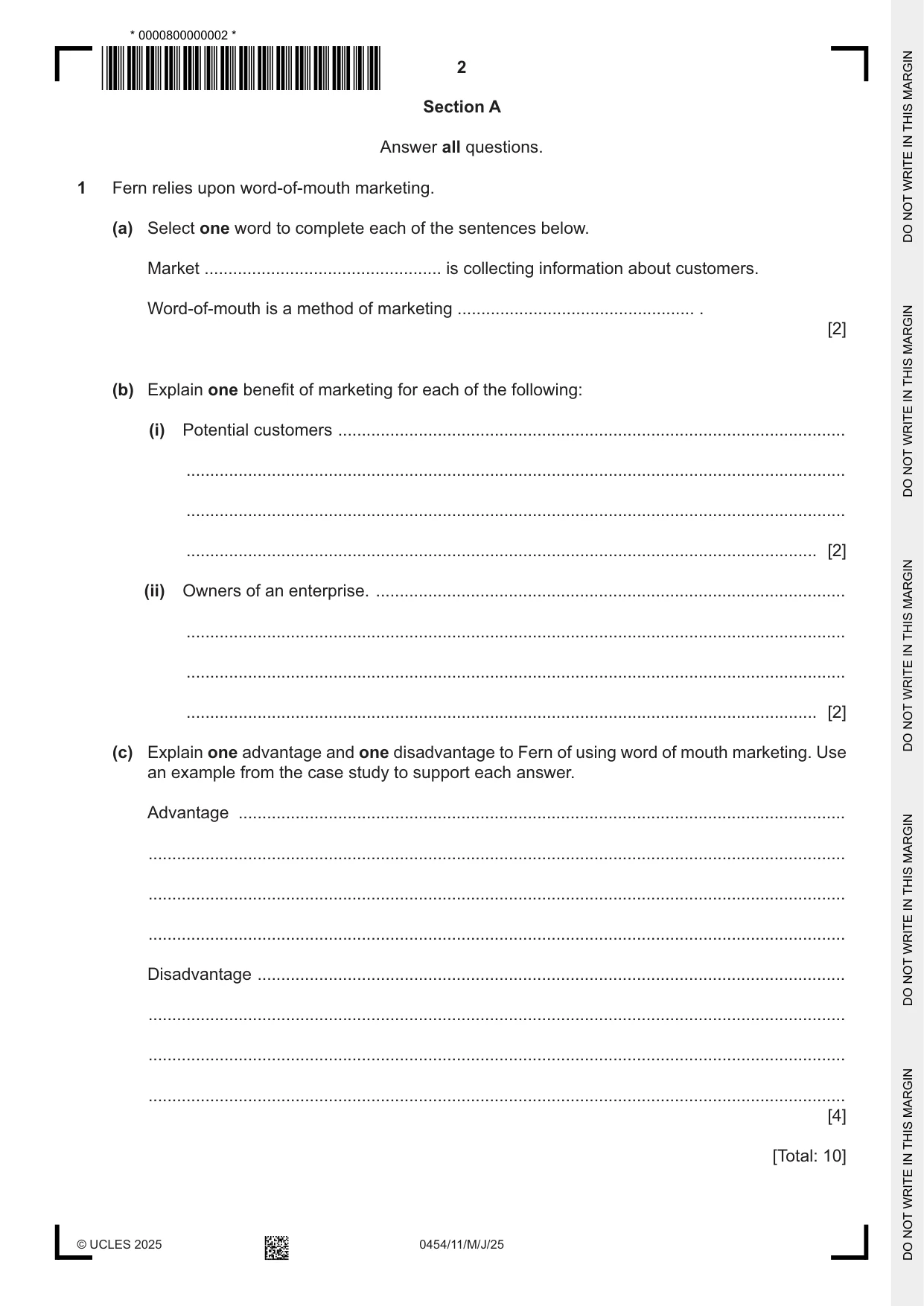 Cambridge IGCSE Enterprise 0454 2025 May/June Paper 1 · Variant 1 question paper, page 2 of 12