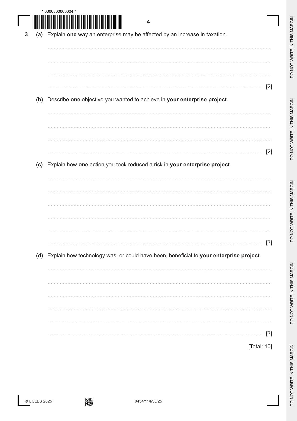 Cambridge IGCSE Enterprise 0454 2025 May/June Paper 1 · Variant 1 question paper, page 4 of 12