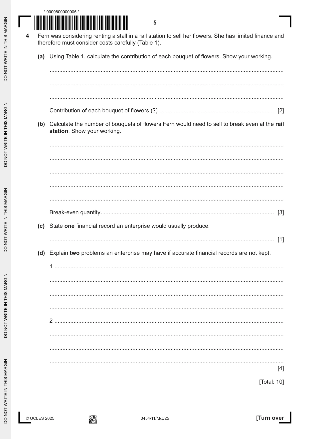 Cambridge IGCSE Enterprise 0454 2025 May/June Paper 1 · Variant 1 question paper, page 5 of 12