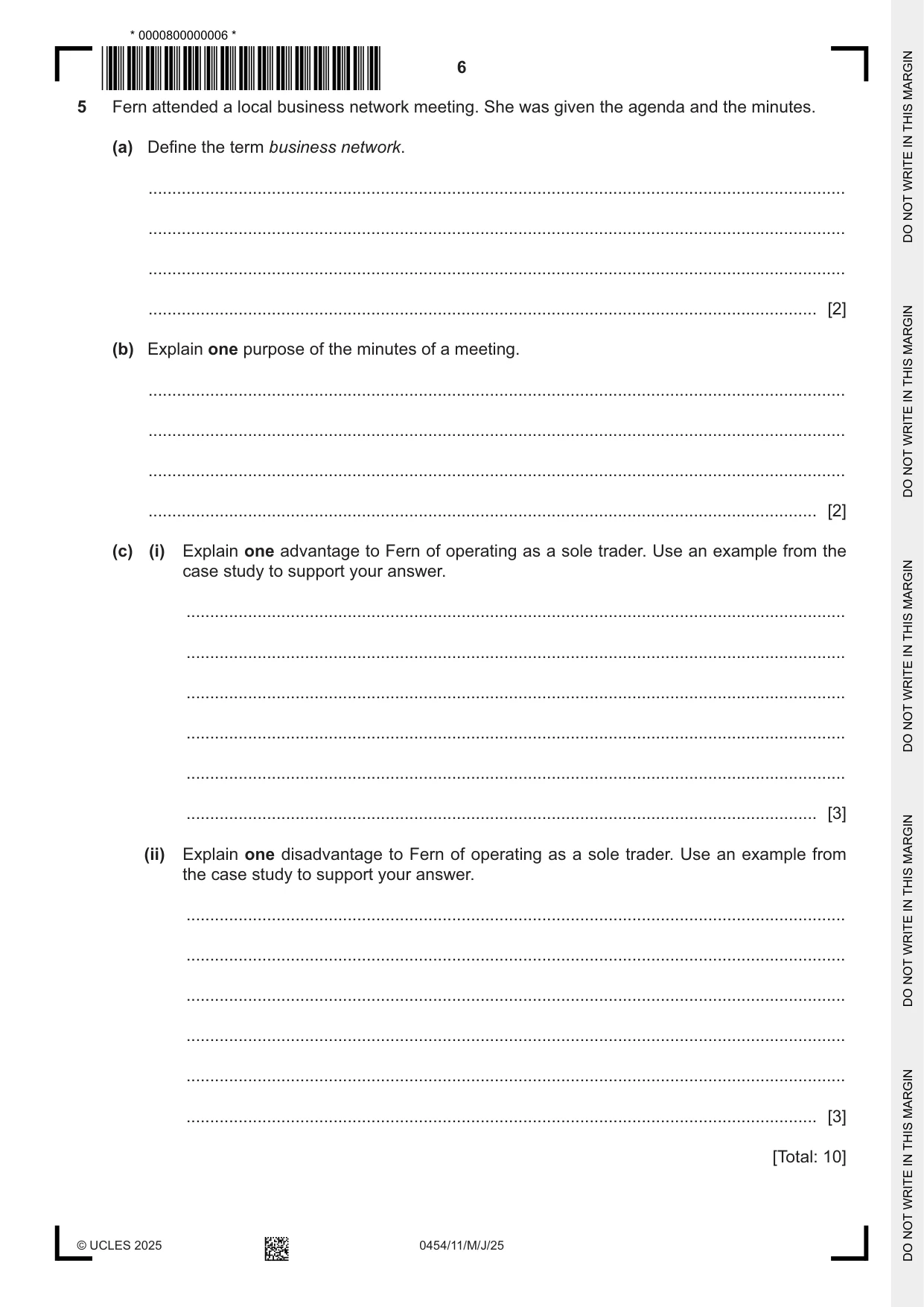 Cambridge IGCSE Enterprise 0454 2025 May/June Paper 1 · Variant 1 question paper, page 6 of 12