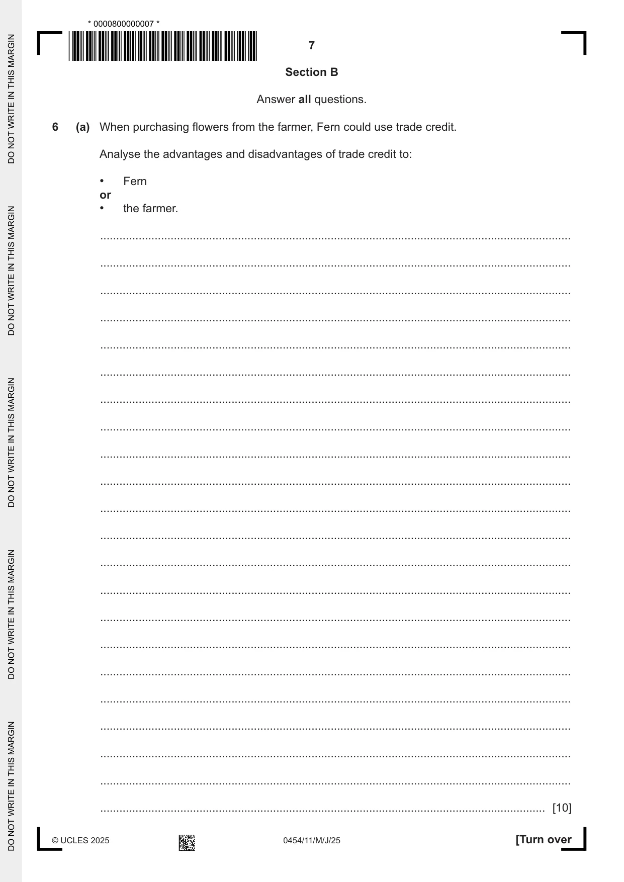 Cambridge IGCSE Enterprise 0454 2025 May/June Paper 1 · Variant 1 question paper, page 7 of 12