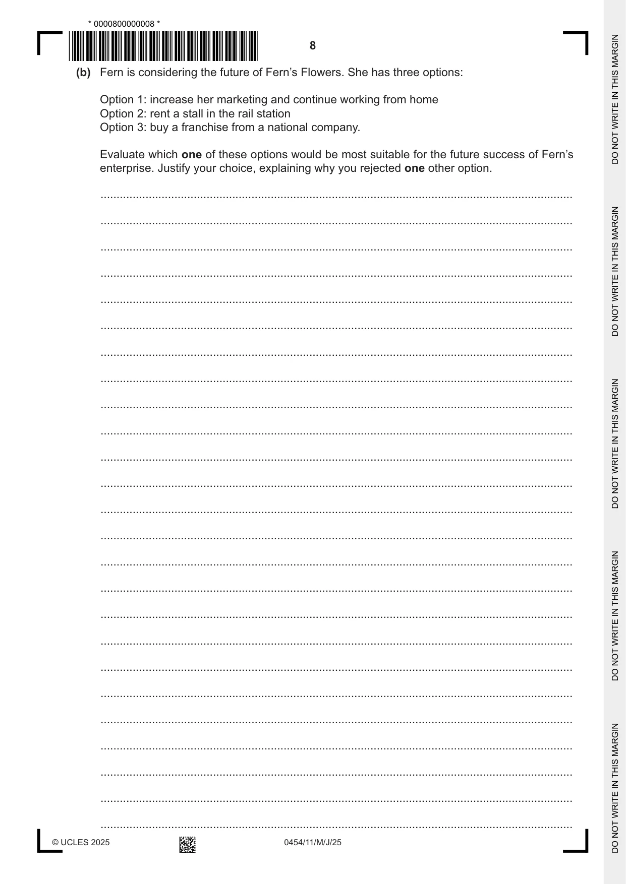 Cambridge IGCSE Enterprise 0454 2025 May/June Paper 1 · Variant 1 question paper, page 8 of 12