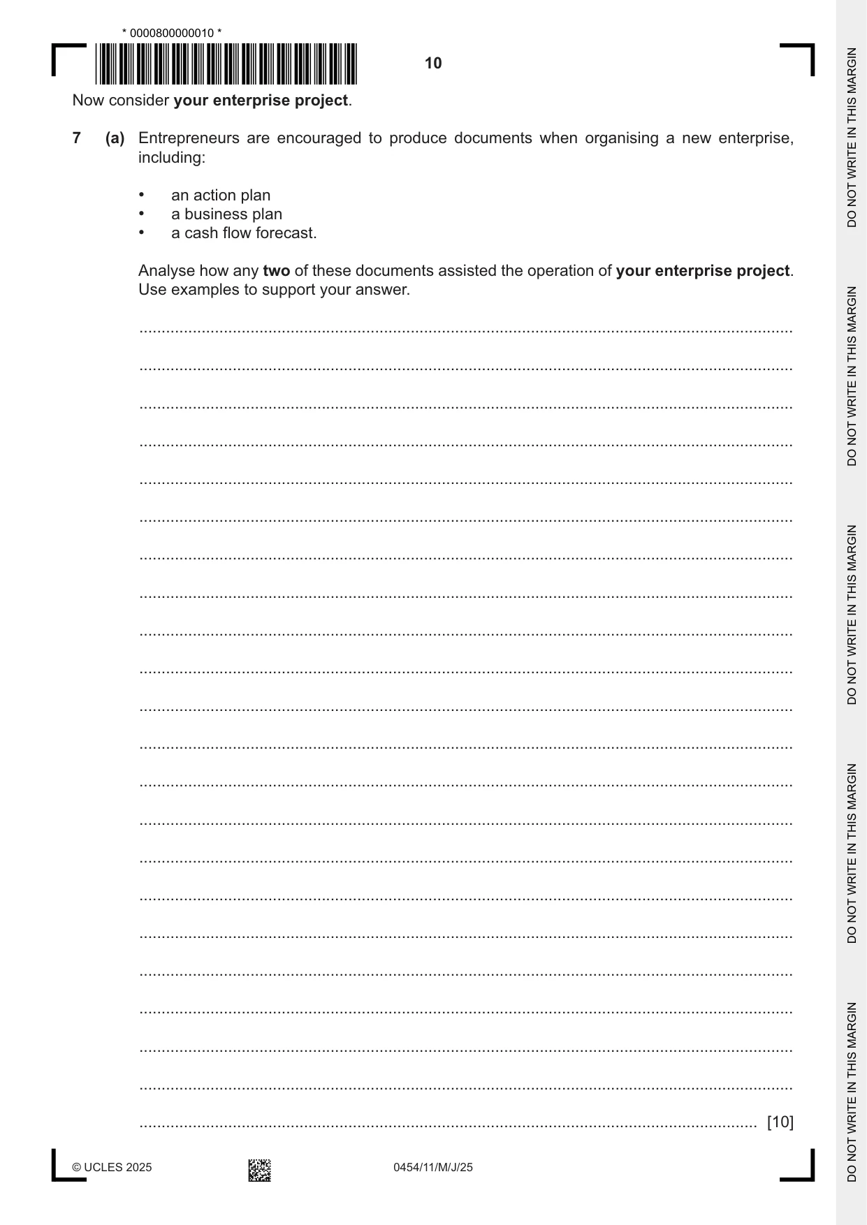Cambridge IGCSE Enterprise 0454 2025 May/June Paper 1 · Variant 1 question paper, page 10 of 12