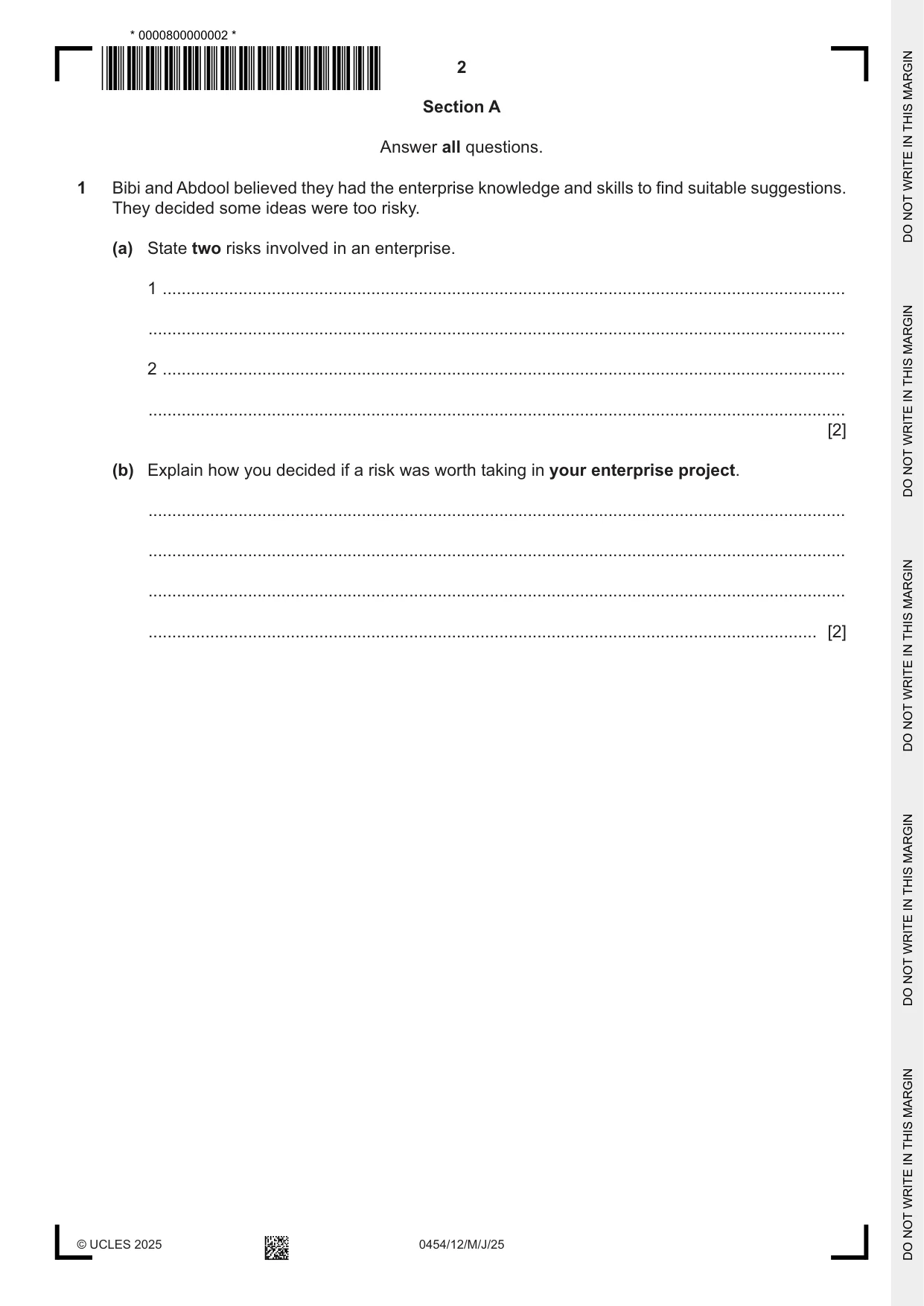 Cambridge IGCSE Enterprise 0454 2025 May/June Paper 1 · Variant 2 question paper, page 2 of 16