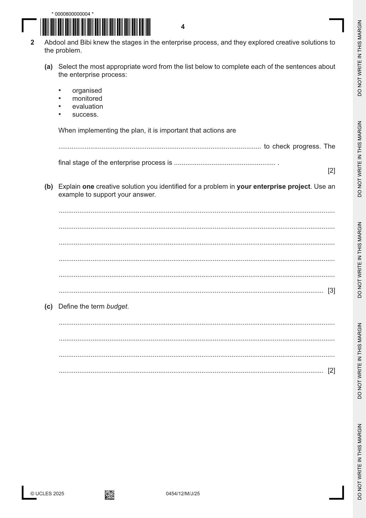 Cambridge IGCSE Enterprise 0454 2025 May/June Paper 1 · Variant 2 question paper, page 4 of 16