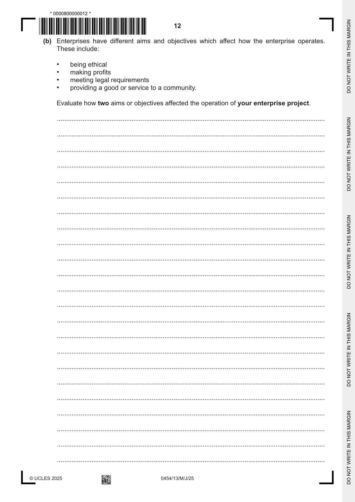 Cambridge IGCSE Enterprise 0454 2025 May/June Paper 1 · Variant 3 question paper, page 12 of 16